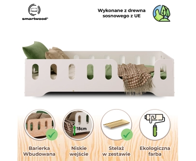 Łóżko pojedyncze dla dzieci z barierką i stelażem TILA 2 Montessori Drewniane