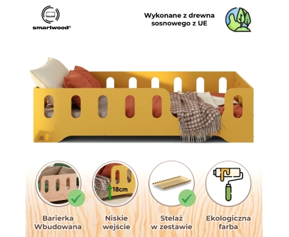 Łóżko pojedyncze dla dzieci z barierką i stelażem TILA 2 Montessori Drewniane