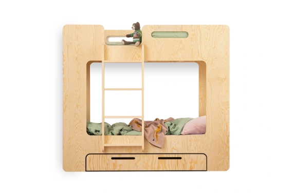 Łóżko piętrowe dla dzieci z szufladą i stelażem MIMI D Montessori Drewniane