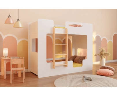 Łóżko piętrowe dla dzieci z barierkami i stelażem MIMI B Montessori Drewniane