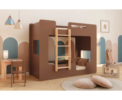 Łóżko piętrowe dla dzieci z barierkami i stelażem MIMI B Montessori Drewniane