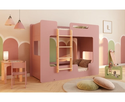 Łóżko piętrowe dla dzieci z barierkami i stelażem MIMI B Montessori Drewniane