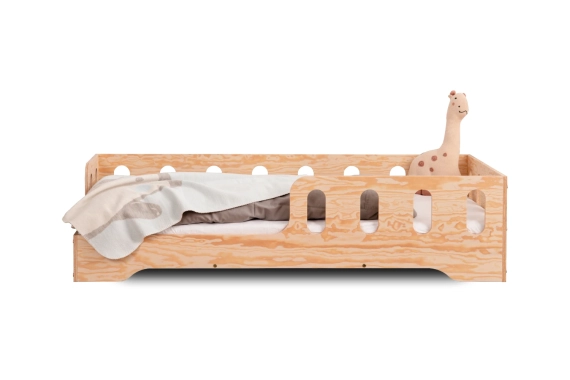 Łóżko pojedyncze dla dzieci z barierką i stelażem TILA 1 Montessori Drewniane