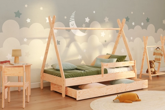 Łóżko domek dla dziecka z szufladą, barierką i stelażem TIPI D Montessori Drewniane