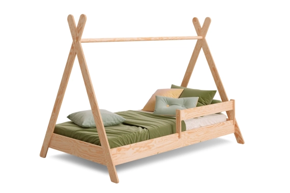 Łóżko domek dla dziecka z barierką i stelażem TIPI Montessori Drewniane