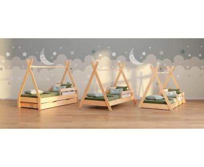 Łóżko domek dla dziecka z barierką i stelażem TIPI Montessori Drewniane
