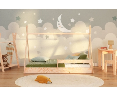 Łóżko domek podłogowe z barierką i stelażem TIPI F Montessori Drewniane