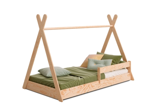 Łóżko domek podłogowe z barierką i stelażem TIPI F Montessori Drewniane