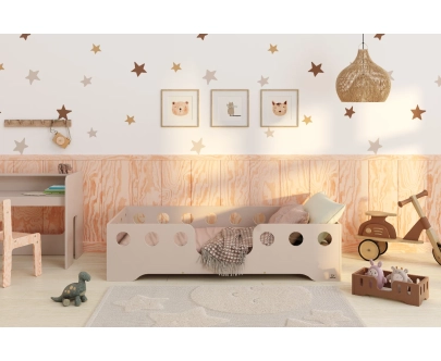 Łóżko pojedyncze dla dzieci z barierką i stelażem TILA 4 Montessori Drewniane