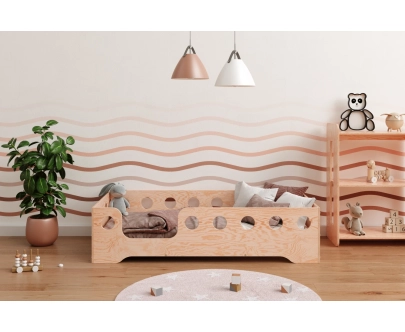 Łóżko pojedyncze dla dzieci z barierką i stelażem TILA 4 Montessori Drewniane