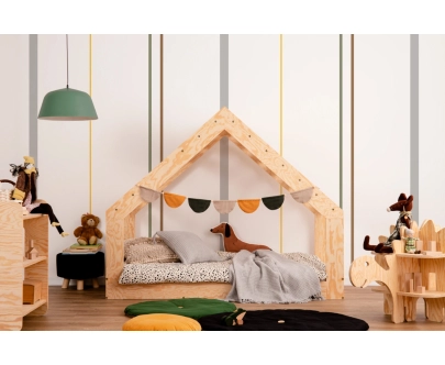 Łóżko domek dla dziecka z niską konstrukcją i stelażem MOON G Montessori Drewniane