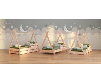 Łóżko domek dla dziecka z barierką i stelażem TIPI Montessori Drewniane