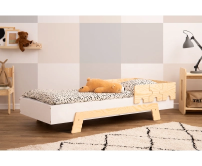 Łóżko pojedyncze dla dzieci z barierką i stelażem PUZZLE BR1 Montessori Drewniane