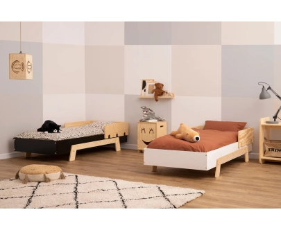 Łóżko pojedyncze dla dzieci z barierką i stelażem PUZZLE BR1 Montessori Drewniane