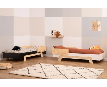 Łóżko pojedyncze dla dzieci z barierką i stelażem PUZZLE BR1 Montessori Drewniane