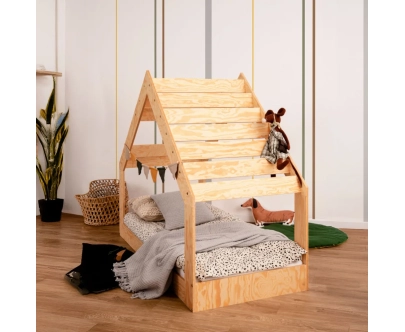 Łóżko domek dla dziecka z niską konstrukcją i stelażem MOON G Montessori Drewniane