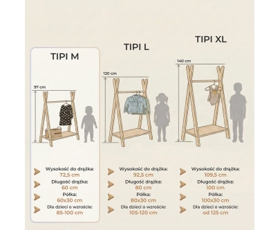 Wieszak na ubrania dla dzieci z półką na buty TIPI Montessori  Drewniany