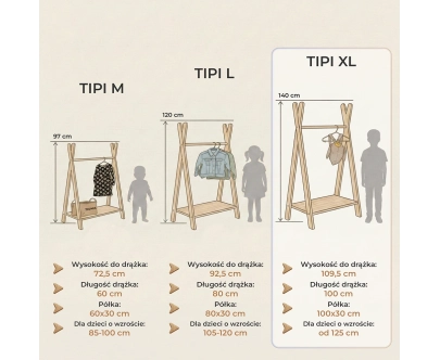 Wieszak na ubrania dla dzieci z półką na buty TIPI Montessori  Drewniany