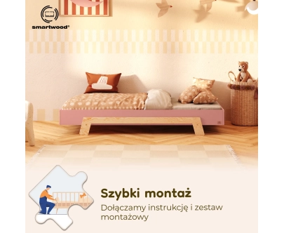 Łóżko pojedyncze dla dzieci ze stelażem PUZZLE Montessori Drewniane