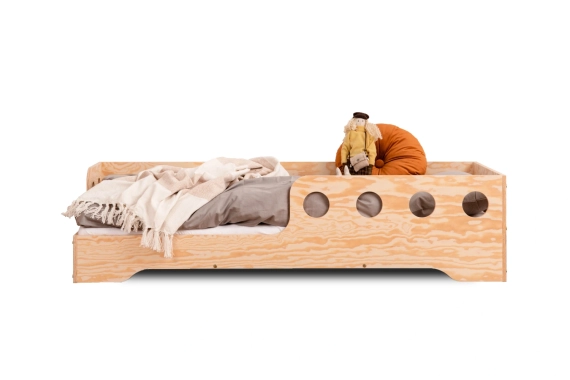 Łóżko pojedyncze dla dzieci z barierką i stelażem TILA 5 Montessori Drewniane