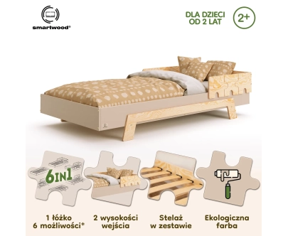 Łóżko pojedyncze dla dzieci z barierką i stelażem PUZZLE BR1 Montessori Drewniane