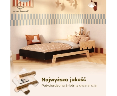Łóżko pojedyncze dla dzieci z barierką i stelażem PUZZLE BR1 Montessori Drewniane