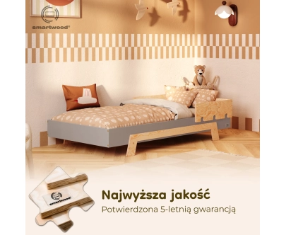 Łóżko pojedyncze dla dzieci z barierką i stelażem PUZZLE BR1 Montessori Drewniane