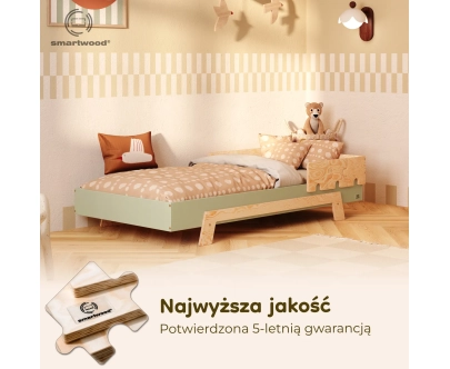 Łóżko pojedyncze dla dzieci z barierką i stelażem PUZZLE BR1 Montessori Drewniane