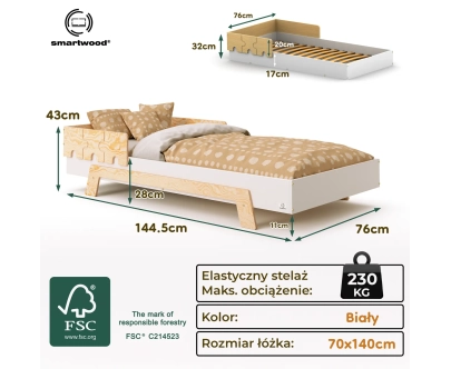 Łóżko pojedyncze dla dzieci z barierką i stelażem PUZZLE BR1 Montessori Drewniane