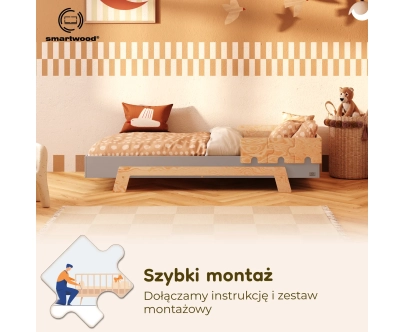 Łóżko pojedyncze dla dzieci z barierką i stelażem PUZZLE BR1 Montessori Drewniane