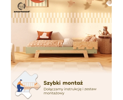 Łóżko pojedyncze dla dzieci z barierką i stelażem PUZZLE BR1 Montessori Drewniane