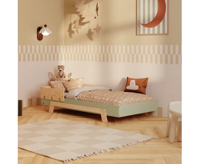 Łóżko pojedyncze dla dzieci z barierką i stelażem PUZZLE BR1 Montessori Drewniane