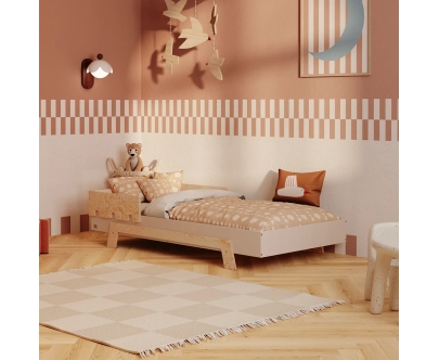 Łóżko pojedyncze dla dzieci z barierką i stelażem PUZZLE BR1 Montessori Drewniane