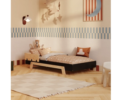 Łóżko pojedyncze dla dzieci z barierką i stelażem PUZZLE BR1 Montessori Drewniane