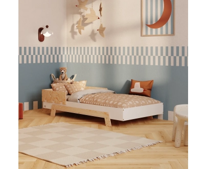 Łóżko pojedyncze dla dzieci z barierką i stelażem PUZZLE BR1 Montessori Drewniane