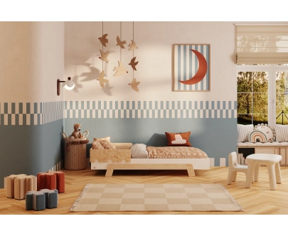 Łóżko pojedyncze dla dzieci z barierką i stelażem PUZZLE BR1 Montessori Drewniane