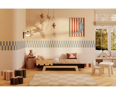 Łóżko pojedyncze dla dzieci z barierką i stelażem PUZZLE BR1 Montessori Drewniane