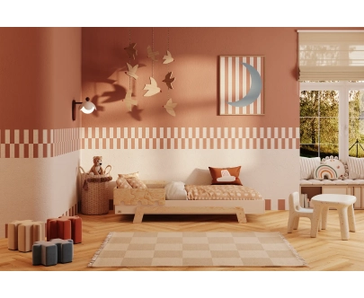 Łóżko pojedyncze dla dzieci z barierką i stelażem PUZZLE BR1 Montessori Drewniane