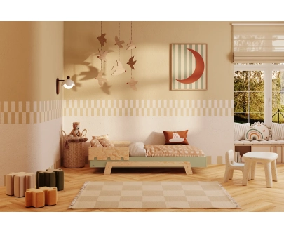 Łóżko pojedyncze dla dzieci z barierką i stelażem PUZZLE BR1 Montessori Drewniane