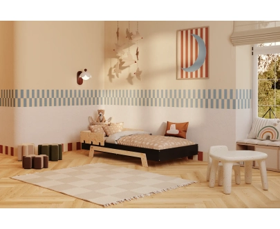 Łóżko pojedyncze dla dzieci z barierką i stelażem PUZZLE BR1 Montessori Drewniane