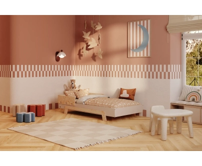 Łóżko pojedyncze dla dzieci z barierką i stelażem PUZZLE BR1 Montessori Drewniane