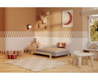 Łóżko pojedyncze dla dzieci z barierką i stelażem PUZZLE BR1 Montessori Drewniane