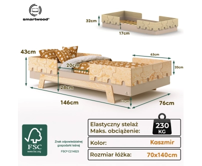 Łóżko pojedyncze dla dzieci z barierkami i stelażem PUZZLE BR2 Montessori Drewniane