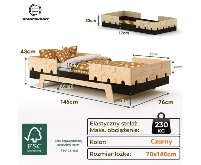 Łóżko pojedyncze dla dzieci z barierkami i stelażem PUZZLE BR2 Montessori Drewniane