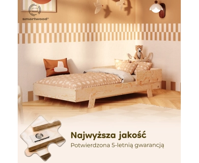 Łóżko pojedyncze dla dzieci z barierką i stelażem PUZZLE BR1 Montessori Drewniane