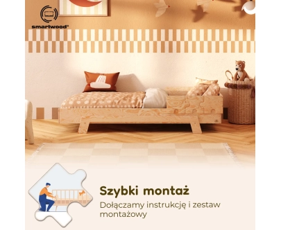 Łóżko pojedyncze dla dzieci z barierką i stelażem PUZZLE BR1 Montessori Drewniane