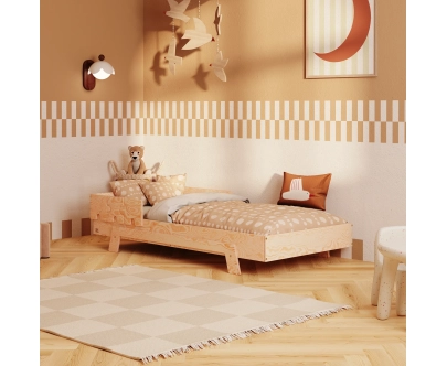 Łóżko pojedyncze dla dzieci z barierką i stelażem PUZZLE BR1 Montessori Drewniane