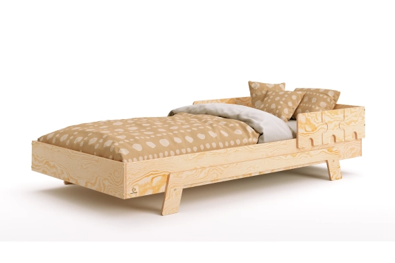 Łóżko pojedyncze dla dzieci z barierką i stelażem PUZZLE BR1 Montessori Drewniane