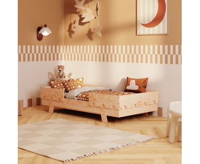 Łóżko pojedyncze dla dzieci z barierkami i stelażem PUZZLE BR2 Montessori Drewniane