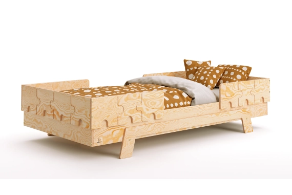 Łóżko pojedyncze dla dzieci z barierkami i stelażem PUZZLE BR2 Montessori Drewniane